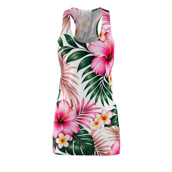 Women's Tropical Hibiscus Racerback Tank Dress – Pink Floral All Over Print Summer Mini Dress, Beach Vacation Outfit