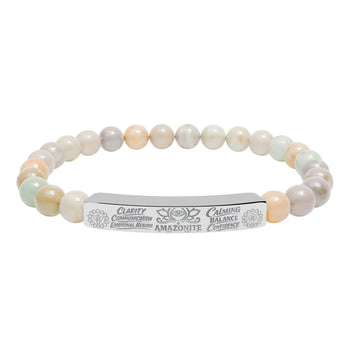 Natural Amazonite Stone Bracelet – 8mm Gemstone Beaded Stretch Bracelet with Engraved Bar, Stainless Steel or 18K Gold, Clarity & Balance Jewelry