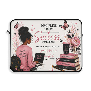 Discipline Today Success Tomorrow Laptop Sleeve – Inspirational Pink Butterfly Floral Laptop Case, Motivational Gift for Women