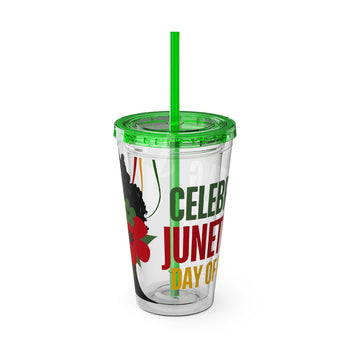 Juneteenth 16oz Acrylic Tumbler with Straw – Celebrating Freedom Day Cup, Red Black Green and Gold Design, Multiple Lid Colors