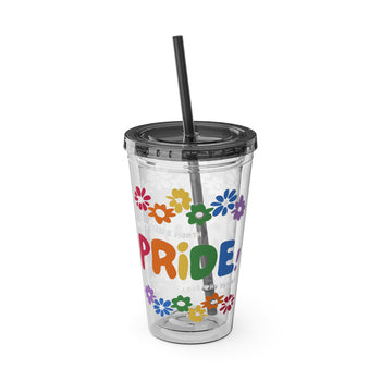 Rainbow Pride Floral Tumbler with Straw – Colorful Pride Month Cup, Reusable Clear Drinkware, LGBTQ+ Gift