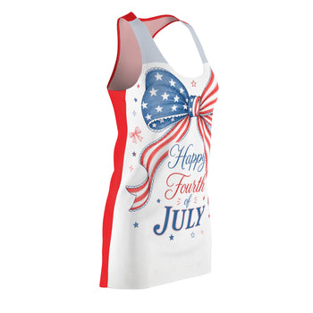 Happy Fourth of July Racerback Tank Dress – Women's Red White and Blue Patriotic Summer Dress, American Flag Bow, Two-Tone Design