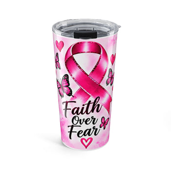 Faith Over Fear 20oz Breast Cancer Awareness Tumbler – Pink Ribbon Butterfly Stainless Steel Travel Cup, Inspirational Gift