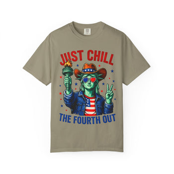 Just Chill the Fourth Out Unisex T-Shirt – Funny 4th of July Graphic Tee, Patriotic Statue of Liberty Shirt for Men and Women