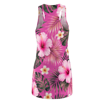 Tropical Hibiscus Racerback Dress – Women's Pink Floral Bodycon Mini Dress, Hawaiian Beach Vacation Summer Outfit