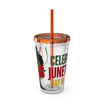 Juneteenth 16oz Acrylic Tumbler with Straw – Celebrating Freedom Day Cup, Red Black Green and Gold Design, Multiple Lid Colors