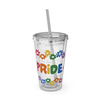 Rainbow Pride Floral Tumbler with Straw – Colorful Pride Month Cup, Reusable Clear Drinkware, LGBTQ+ Gift