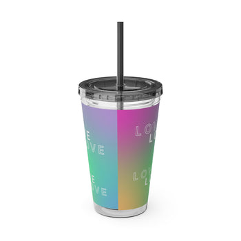 Love Is Love 16oz Tumbler with Straw – Rainbow Gradient Cup, Colorful Love Gift, 6 Lid Color Options