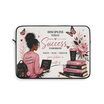 Discipline Today Success Tomorrow Laptop Sleeve – Inspirational Pink Butterfly Floral Laptop Case, Motivational Gift for Women