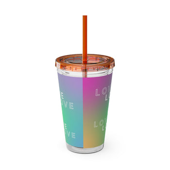 Love Is Love 16oz Tumbler with Straw – Rainbow Gradient Cup, Colorful Love Gift, 6 Lid Color Options