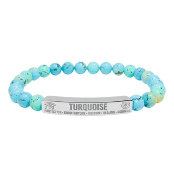 Natural Turquoise Stone Bracelet – 8mm Beaded Stretch Bracelet with 18K Gold Plated Engraved Bar, Protection & Good Fortune Jewelry