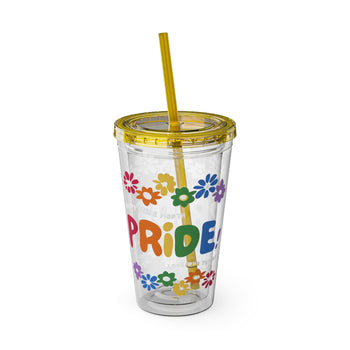 Rainbow Pride Floral Tumbler with Straw – Colorful Pride Month Cup, Reusable Clear Drinkware, LGBTQ+ Gift