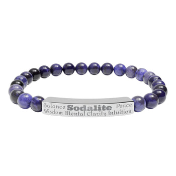 Sodalite Bracelet Natural Stone Beaded Bracelet Engraved Bar Bracelet Stainless Steel or 18K Gold Balance Wisdom Clarity Gift