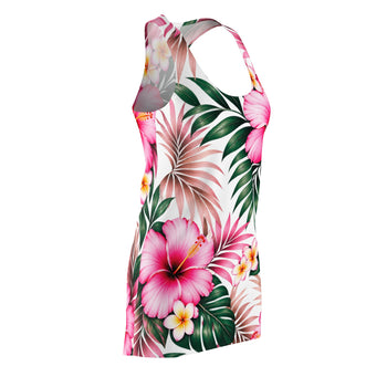 Women's Tropical Hibiscus Racerback Tank Dress – Pink Floral All Over Print Summer Mini Dress, Beach Vacation Outfit