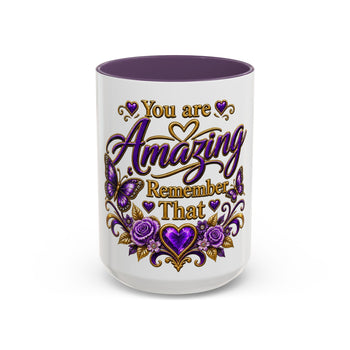 You Are Amazing Remember That Coffee Mug – Purple Butterfly and Gold Inspirational Mug, Encouragement Gift for Women 11oz, 15oz