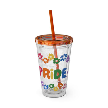 Rainbow Pride Floral Tumbler with Straw – Colorful Pride Month Cup, Reusable Clear Drinkware, LGBTQ+ Gift