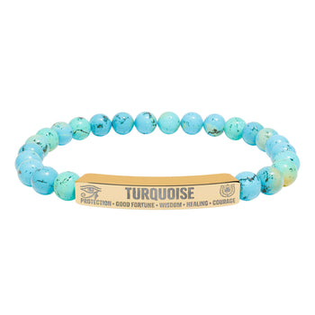Natural Turquoise Stone Bracelet – 8mm Beaded Stretch Bracelet with 18K Gold Plated Engraved Bar, Protection & Good Fortune Jewelry