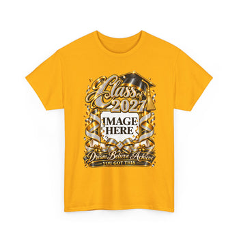 Personalized Class of 2027 Graduation T-Shirt – Custom Graduate Photo Shirt, Black and Gold Unisex Graduation Tee, Front and Back Print
