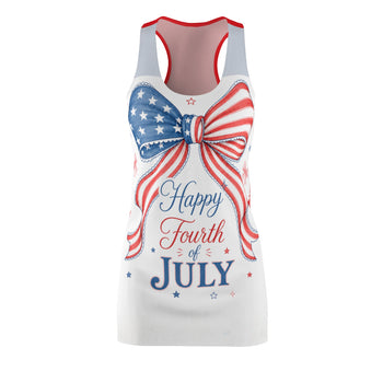Happy Fourth of July Racerback Tank Dress – Women's Red White and Blue Patriotic Summer Dress, American Flag Bow, Two-Tone Design