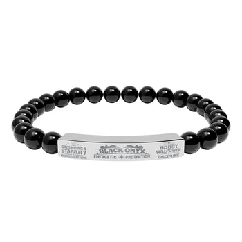Natural Black Onyx Stone Bracelet – 8mm Gemstone Beads with Engraved Stainless Steel Bar, Protection, Strength & Grounding Jewelry
