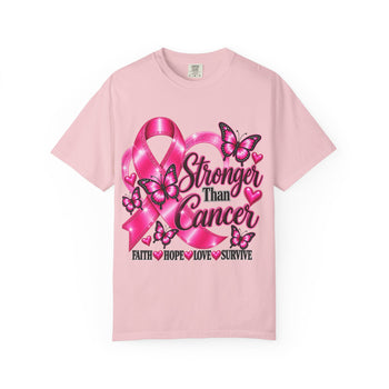 Stronger Than Cancer Breast Cancer Awareness T-Shirt – Pink Ribbon Butterfly Graphic Tee, Faith Hope Love Survivor Support Shirt