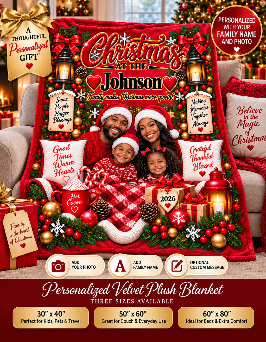 Personalized Family Christmas Blanket 2026 – Custom Photo & Family Name Velvet Plush Throw Blanket, Christmas Keepsake Gift