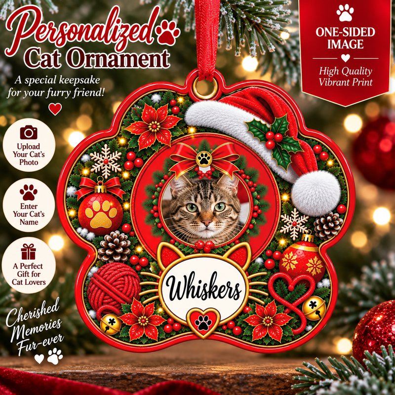Personalized Cat Christmas Ornament – Custom Cat Photo & Name Keepsake, Christmas Tree Decoration, Gift for Cat Lovers