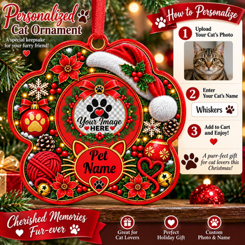 Personalized Cat Christmas Ornament – Custom Cat Photo & Name Keepsake, Christmas Tree Decoration, Gift for Cat Lovers
