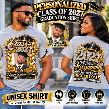 Personalized Class of 2027 Graduation T-Shirt – Custom Graduate Photo Shirt, Black and Gold Unisex Graduation Tee, Front and Back Print