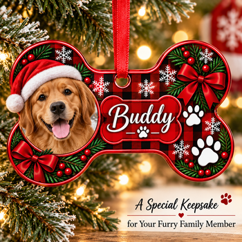 Personalized Pet Christmas Ornament – Custom Dog Photo & Name Bone Ornament, Red Buffalo Plaid Christmas Tree Keepsake