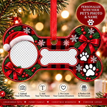 Personalized Pet Christmas Ornament – Custom Dog Photo & Name Bone Ornament, Red Buffalo Plaid Christmas Tree Keepsake
