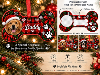 Personalized Pet Christmas Ornament – Custom Dog Photo & Name Bone Ornament, Red Buffalo Plaid Christmas Tree Keepsake