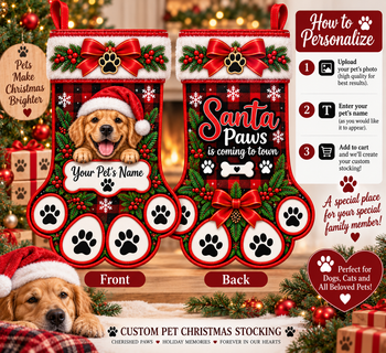 Personalized Pet Christmas Stocking – Custom Dog or Cat Photo & Name Stocking, Red Buffalo Plaid Paw Print Holiday Gift