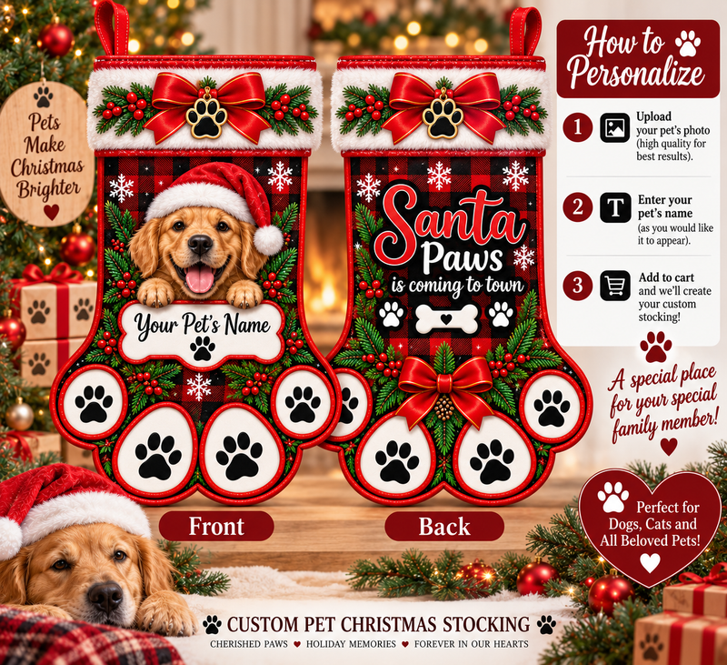 Personalized Pet Christmas Stocking – Custom Dog or Cat Photo & Name Stocking, Red Buffalo Plaid Paw Print Holiday Gift