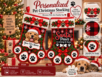 Personalized Pet Christmas Stocking – Custom Dog or Cat Photo & Name Stocking, Red Buffalo Plaid Paw Print Holiday Gift
