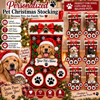Personalized Pet Christmas Stocking – Custom Dog or Cat Photo & Name Stocking, Red Buffalo Plaid Paw Print Holiday Gift