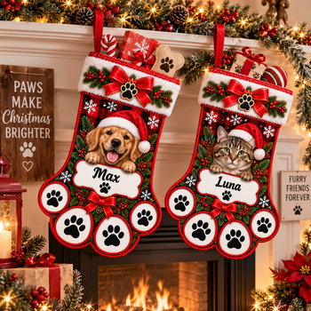 Personalized Pet Christmas Stocking – Custom Dog or Cat Photo & Name Stocking, Red Buffalo Plaid Paw Print Holiday Gift