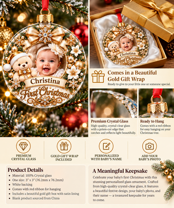 Personalized Baby’s First Christmas 2026 Crystal Glass Ornament – Custom Baby Photo & Name Keepsake Gift