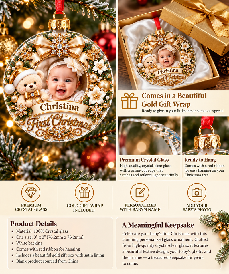 Personalized Baby’s First Christmas 2026 Crystal Glass Ornament – Custom Baby Photo & Name Keepsake Gift