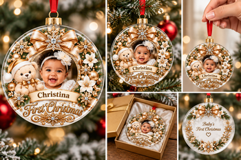 Personalized Baby’s First Christmas 2026 Crystal Glass Ornament – Custom Baby Photo & Name Keepsake Gift