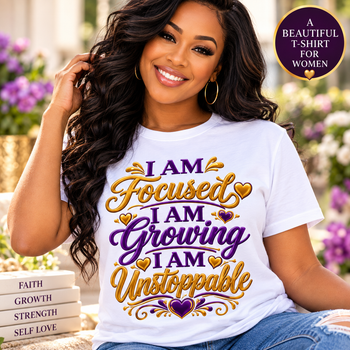 I Am Focused I Am Growing I Am Unstoppable Women's Graphic T-Shirt – Inspirational Motivational Empowerment Tee