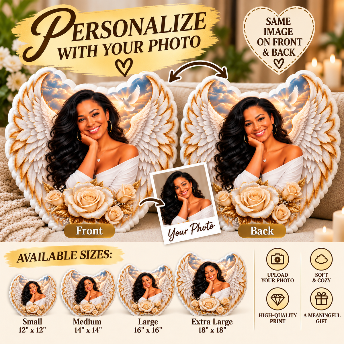 Personalized Angel Wings Photo Pillow – Custom Heart Shaped Picture Pillow, Memorial Keepsake, White and Gold Rose Gift