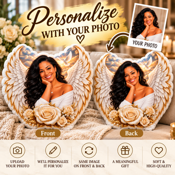 Personalized Angel Wings Photo Pillow – Custom Heart Shaped Picture Pillow, Memorial Keepsake, White and Gold Rose Gift