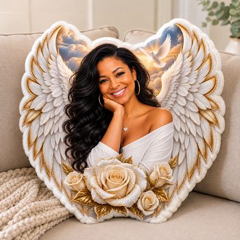 Personalized Angel Wings Photo Pillow – Custom Heart Shaped Picture Pillow, Memorial Keepsake, White and Gold Rose Gift