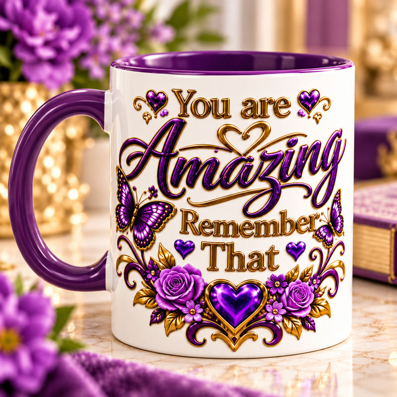 You Are Amazing Remember That Coffee Mug – Purple Butterfly and Gold Inspirational Mug, Encouragement Gift for Women 11oz, 15oz