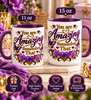 You Are Amazing Remember That Coffee Mug – Purple Butterfly and Gold Inspirational Mug, Encouragement Gift for Women 11oz, 15oz