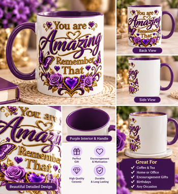 You Are Amazing Remember That Coffee Mug – Purple Butterfly and Gold Inspirational Mug, Encouragement Gift for Women 11oz, 15oz