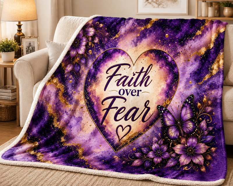 Faith Over Fear Purple Butterfly Sherpa Blanket – Inspirational Christian Throw Blanket, Purple and Gold Floral Faith Home Décor