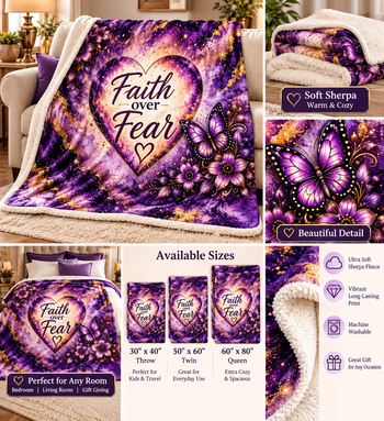 Faith Over Fear Purple Butterfly Sherpa Blanket – Inspirational Christian Throw Blanket, Purple and Gold Floral Faith Home Décor