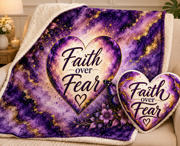 Faith Over Fear Purple Butterfly Sherpa Blanket – Inspirational Christian Throw Blanket, Purple and Gold Floral Faith Home Décor